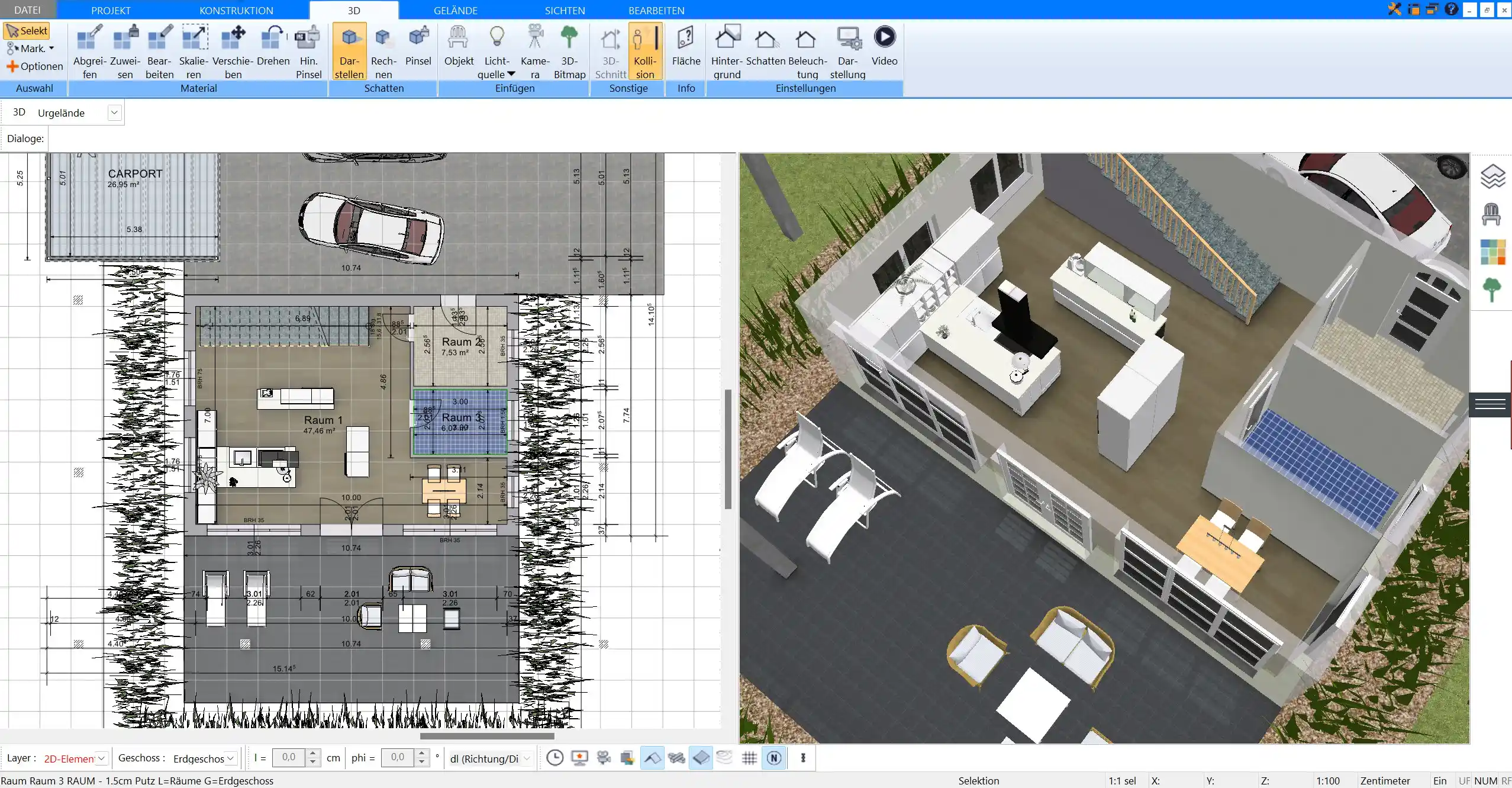 Mit Plan7Architekt erstellte Visualisierung eines optimierten Grundrisses für ein Tiny House