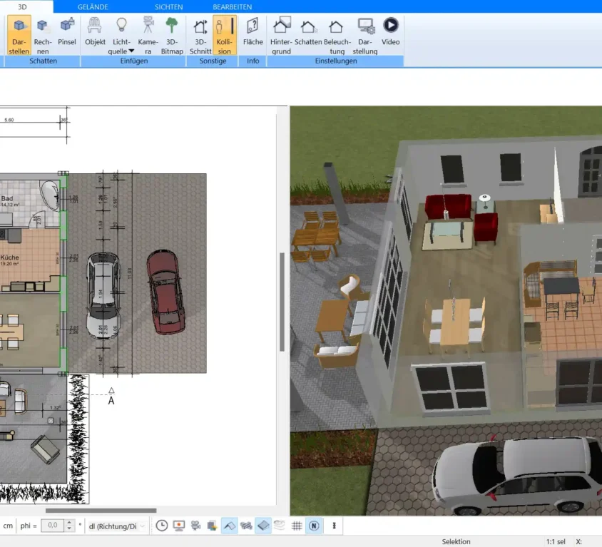 Mit Plan7Architekt erstellter Grundriss zeigt eine offene Raumgestaltung, die die Luftzirkulation und allergikerfreundliche Wohnbedingungen fördert