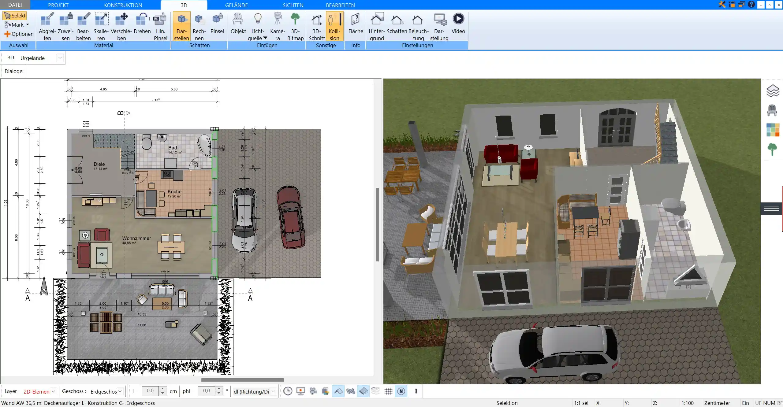 Mit Plan7Architekt erstellter Grundriss zeigt eine offene Raumgestaltung, die die Luftzirkulation und allergikerfreundliche Wohnbedingungen fördert