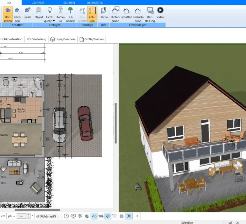 Mit der Plan7Architekt-Software erstellter Grundriss mit klarer Südorientierung und energieeffizienter Raumplanung