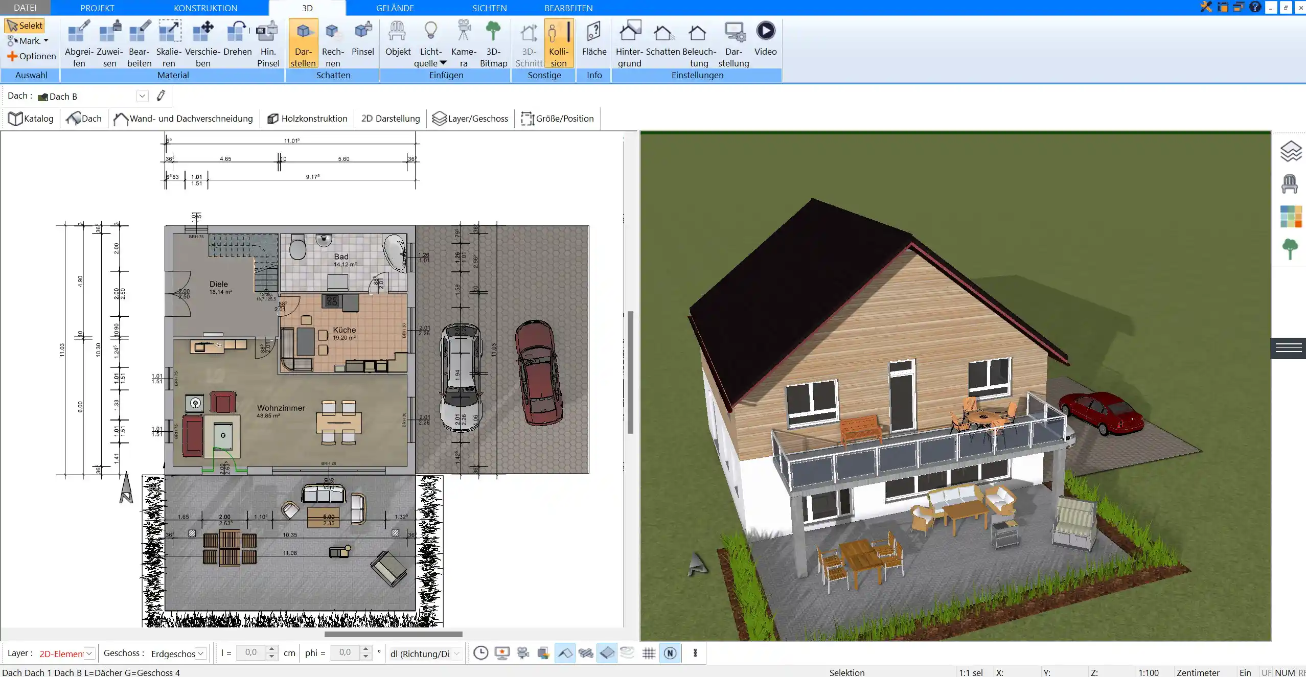 Mit der Plan7Architekt-Software erstellter Grundriss mit klarer Südorientierung und energieeffizienter Raumplanung