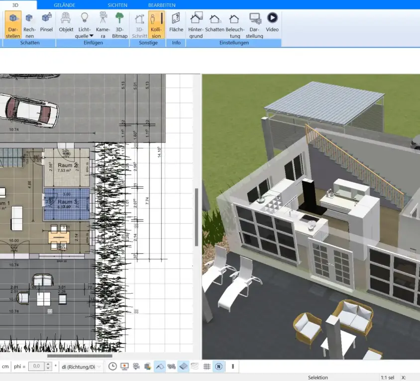 Optimierter Grundriss eines mobilen Hauses mit der Plan7Architekt-Software