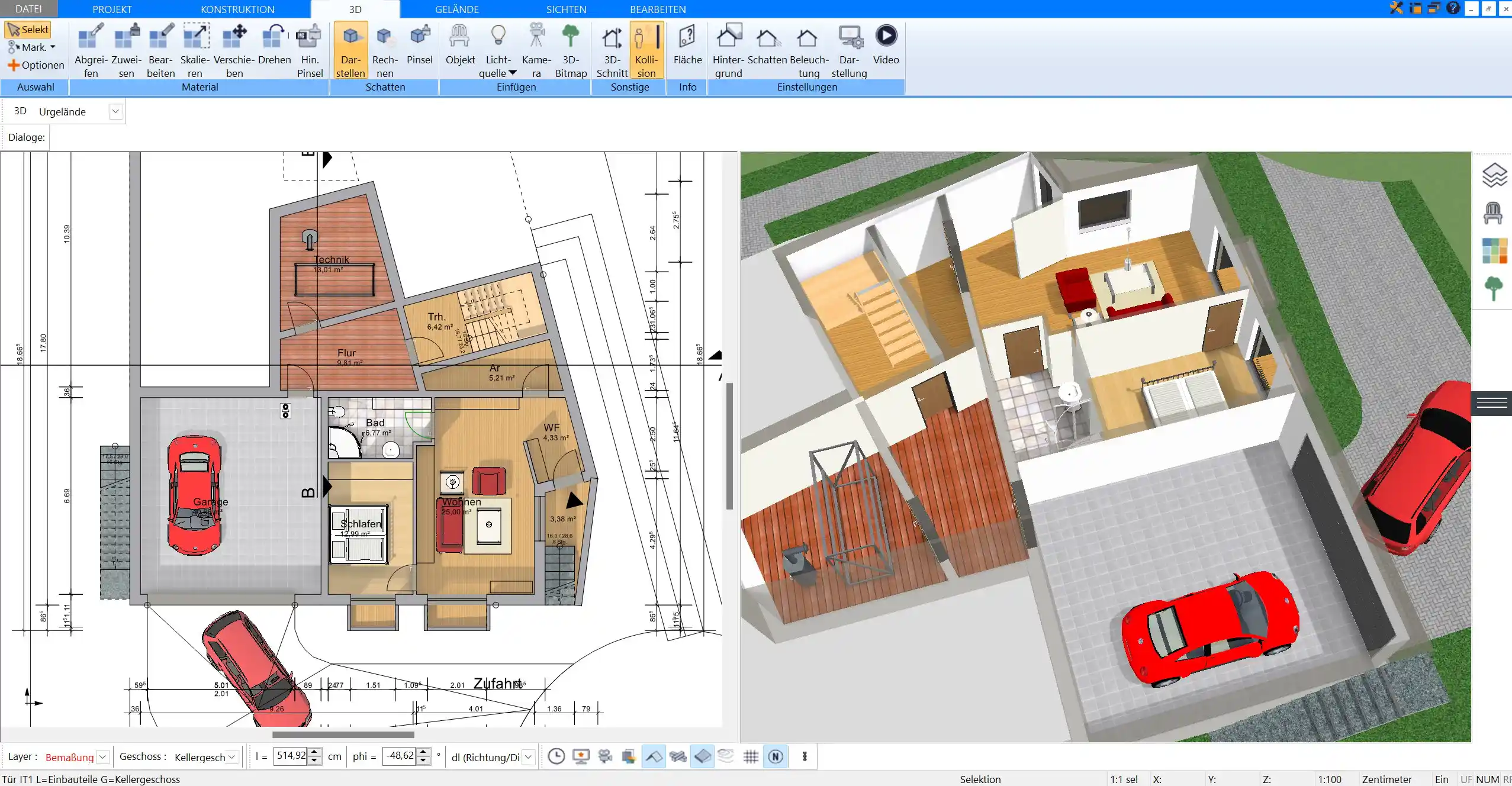 Raumaufteilung und Fensteranordnung – Optimierung von Licht und Raumnutzung in den Wohnbereichen, visualisiert mit Plan7Architekt