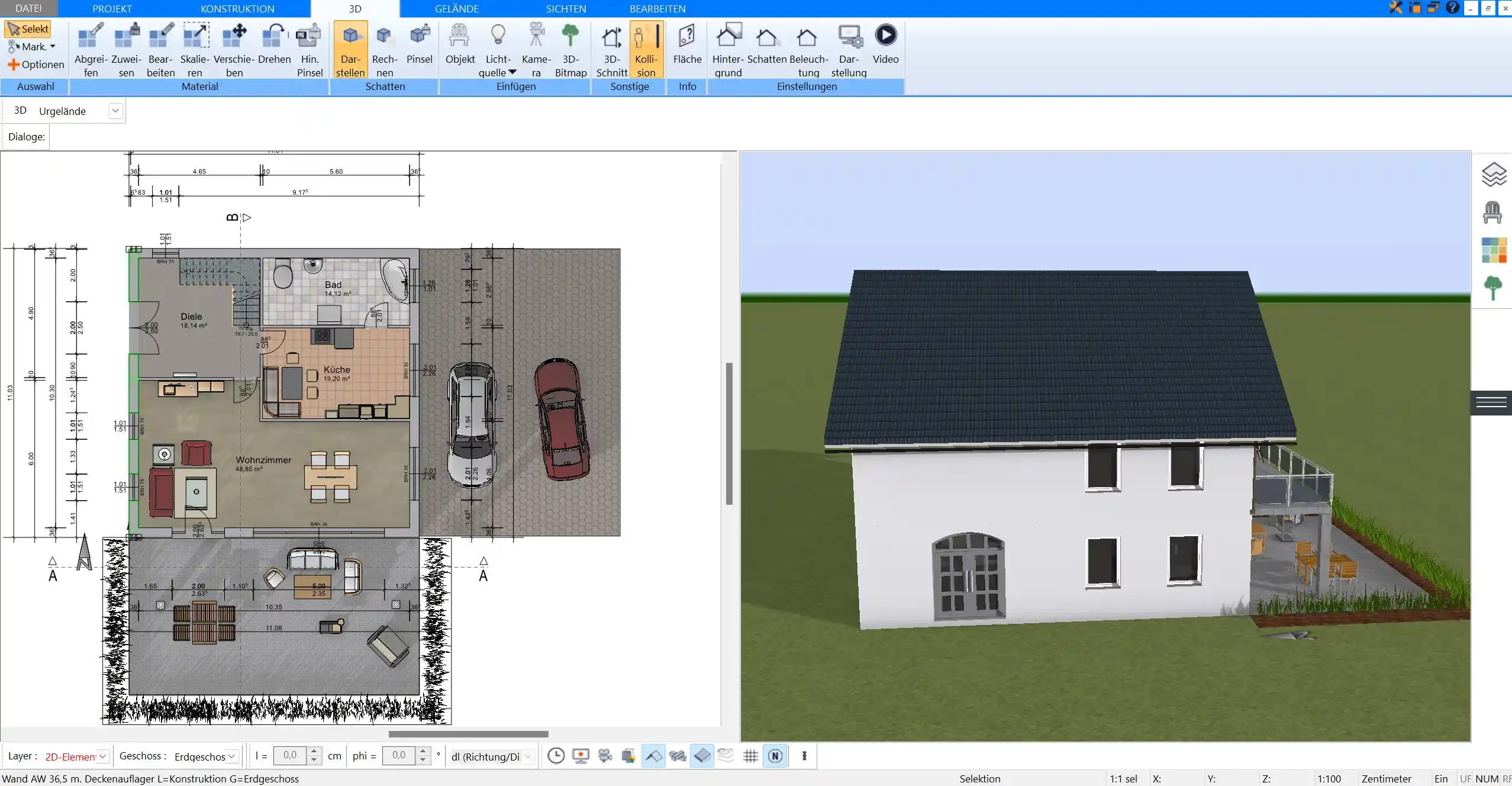 Realistische 3D-Ansicht des Hauses mit integrierter Garage, erstellt in der Plan7Architekt-Software