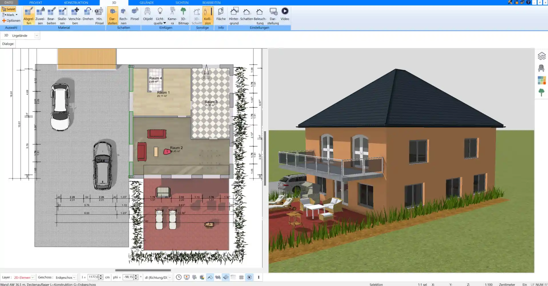 Realistische 3D-Visualisierung eines modernen Multifunktionsraums – entworfen mit Plan7Architekt