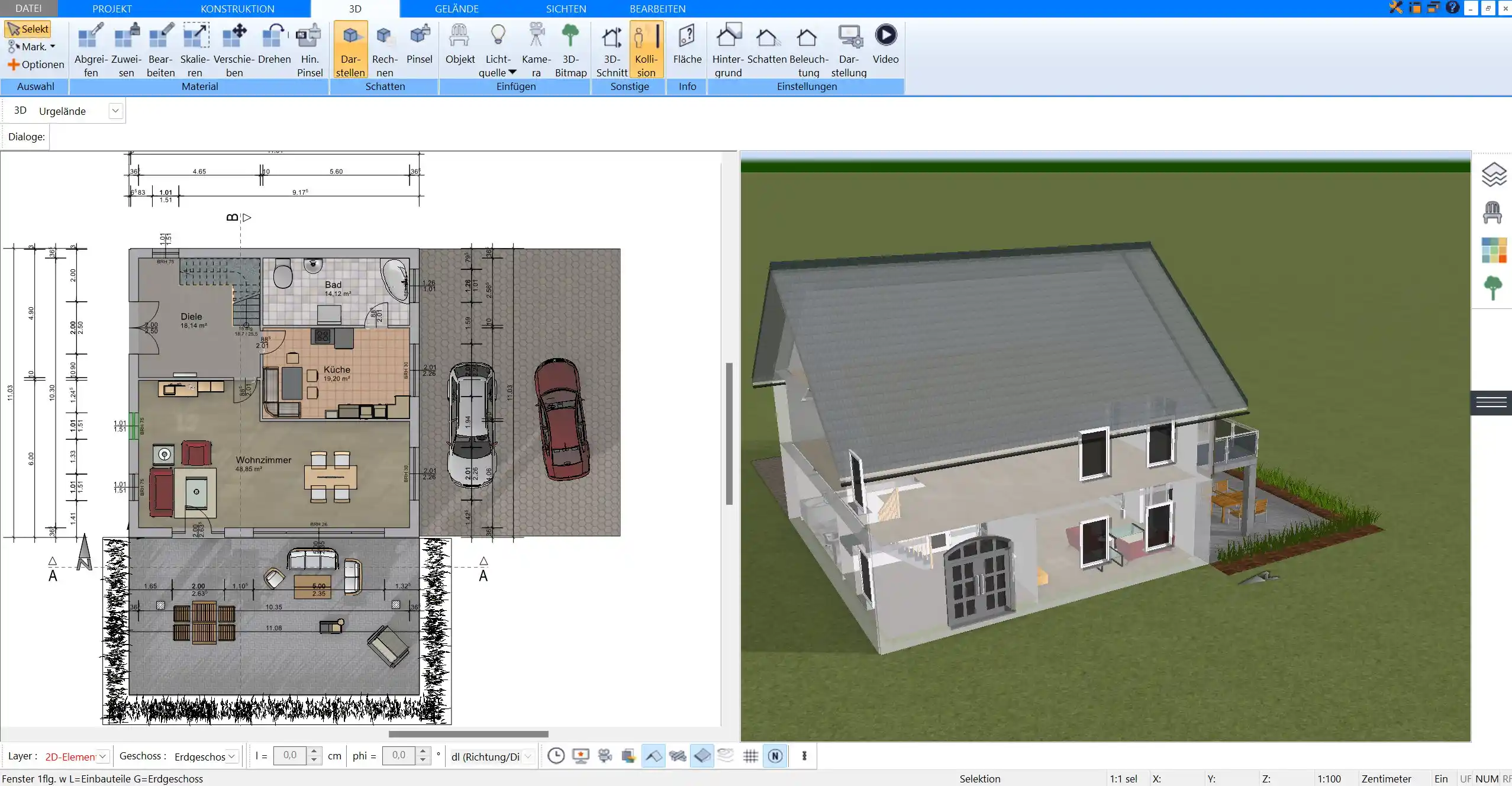 Starten eines neuen Projekts im Plan7Architekt – die Software ermöglicht eine exakte Festlegung der Grundfläche und Wanddicke für das Steinhaus