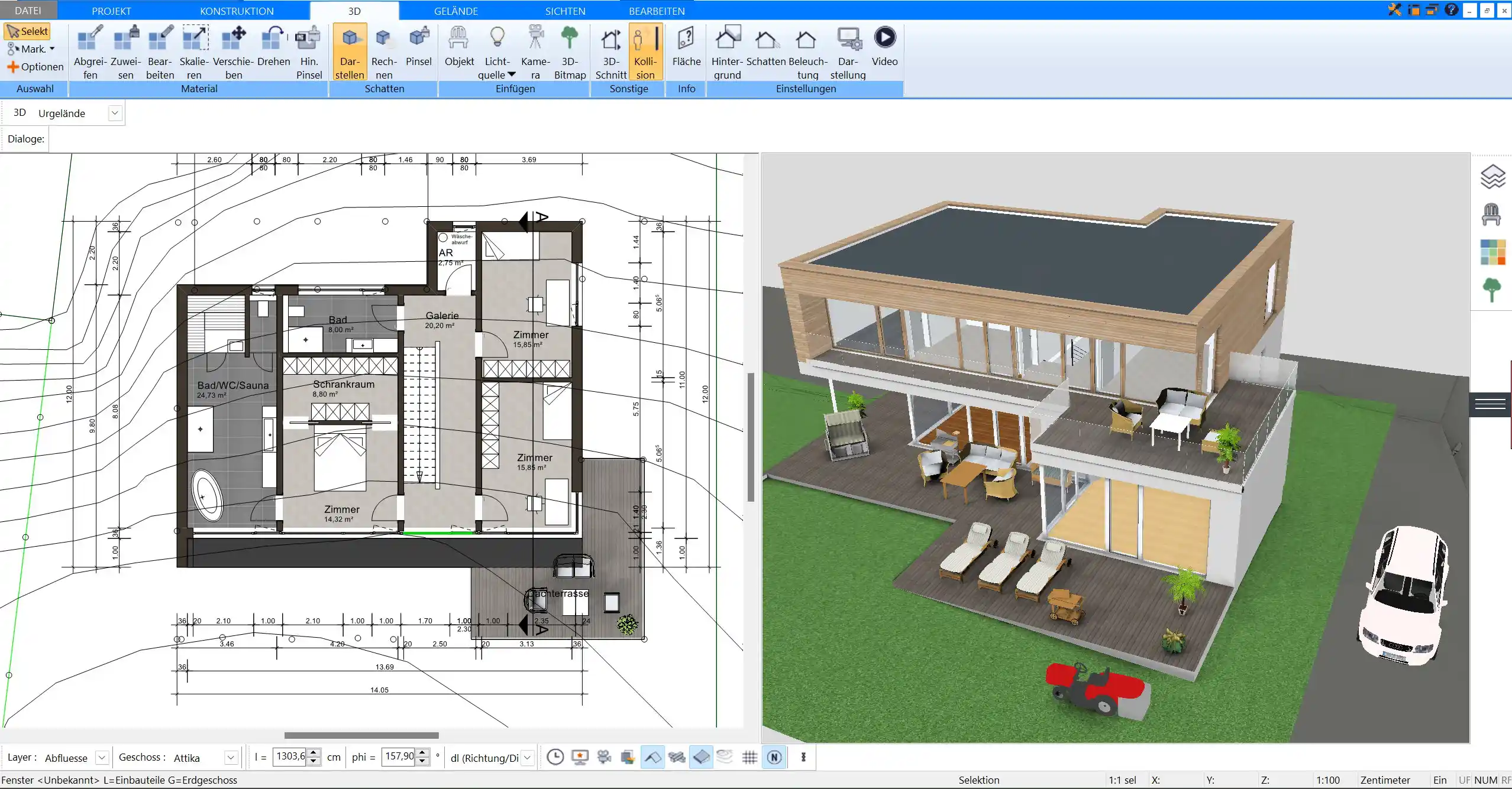 Virtuelle 3D-Ansicht eines Sonnenhauses inklusive Grundriss, erstellt mit der Plan7Architekt-Software