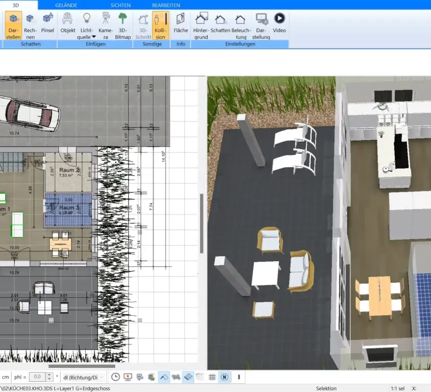 Visualisierte Grundrissplanung eines Zweifamilienhauses mit dem Plan7Architekt