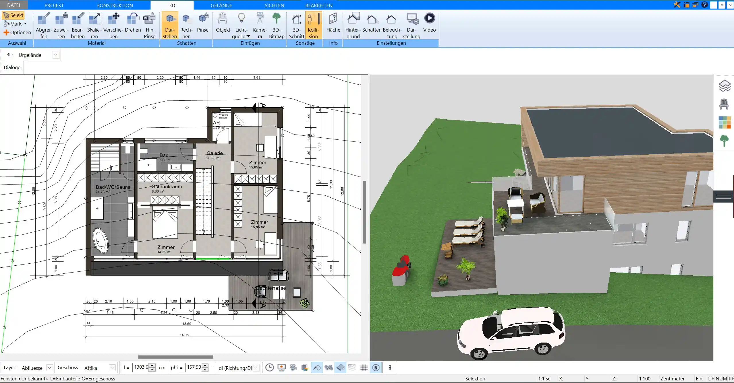 Visualisierung der Außenansicht Sehen Sie, wie das geplante Haus mit ausgewählten Fassadenmaterialien und Fenstern im 3D-Modus wirkt