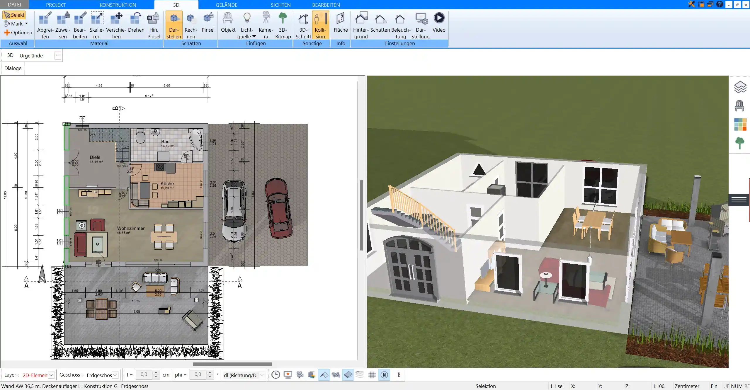 Visualisierung eines offenen Wohnbereichs mit Küche – geplant mit Plan7Architekt