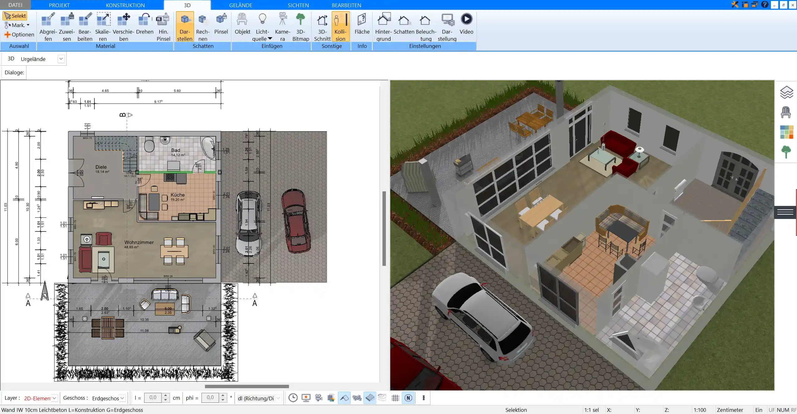 Vollständige 3D-Visualisierung des Winkelbungalows – Erleben Sie das komplette Design in einer detailreichen 3D-Darstellung, erstellt mit Plan7Architekt