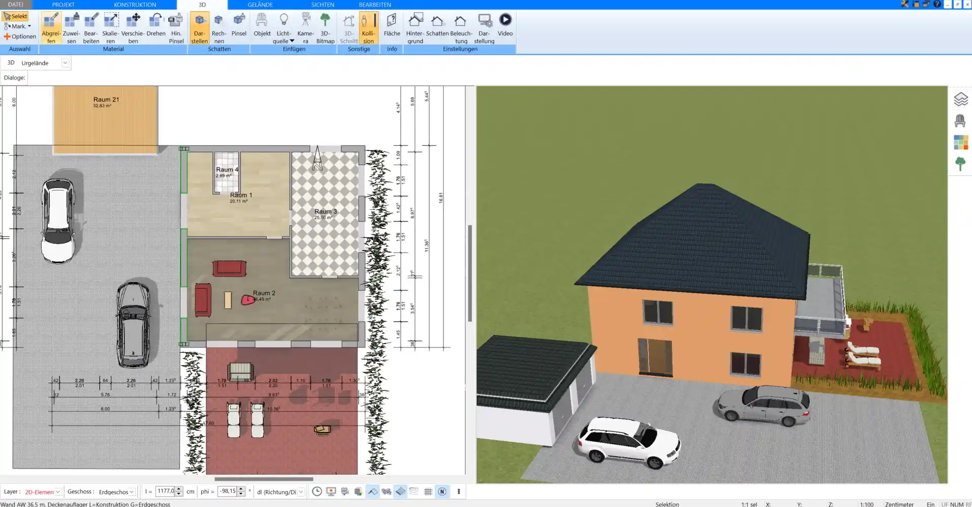 Wechseln Sie in die 3D-Ansicht von Plan7Architekt und erleben Sie eine realitätsnahe Darstellung Ihres geplanten Hauses