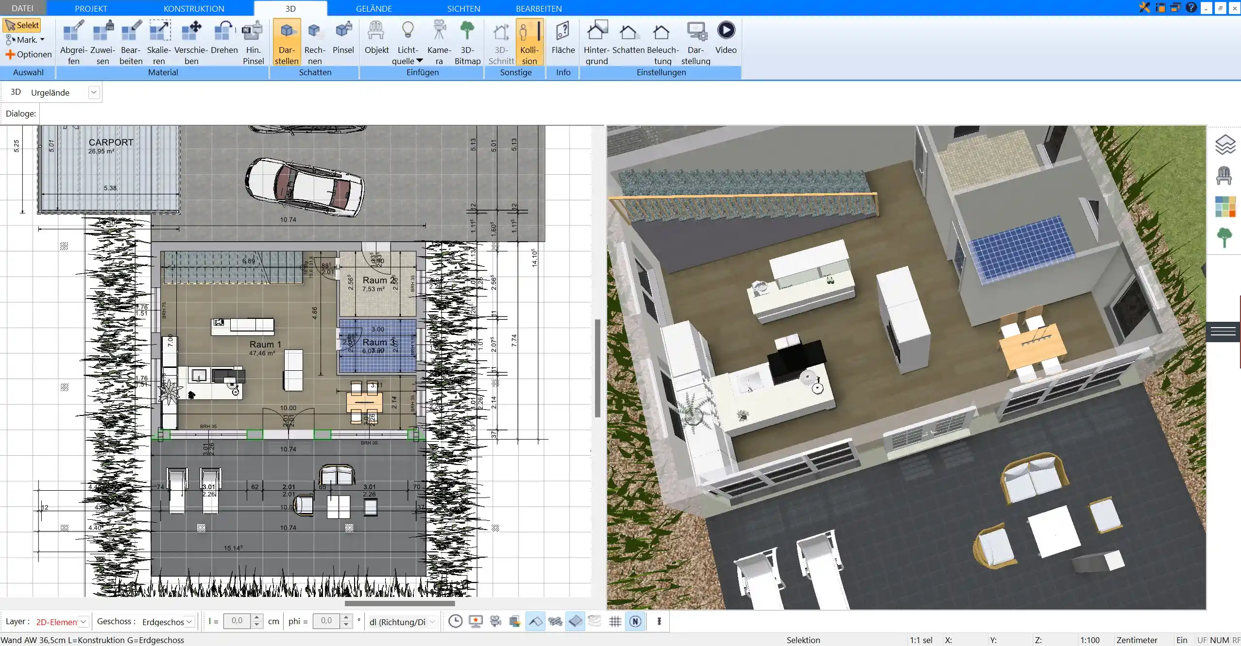 3D-Ansicht eines Doppelhaus-Grundrisses Virtuelle Visualisierung aller Details, erstellt mit dem Plan7Architekt