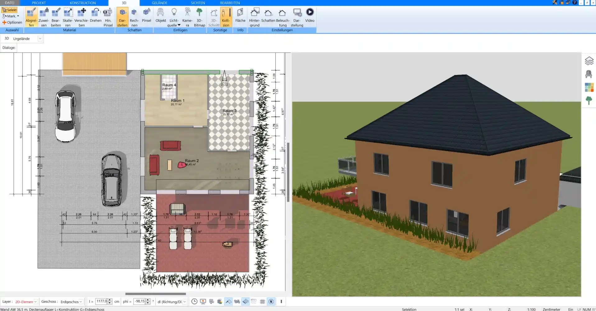 Modern gestalteter Reihenhaus-Grundriss mit der Plan7Architekt-Software erstellt