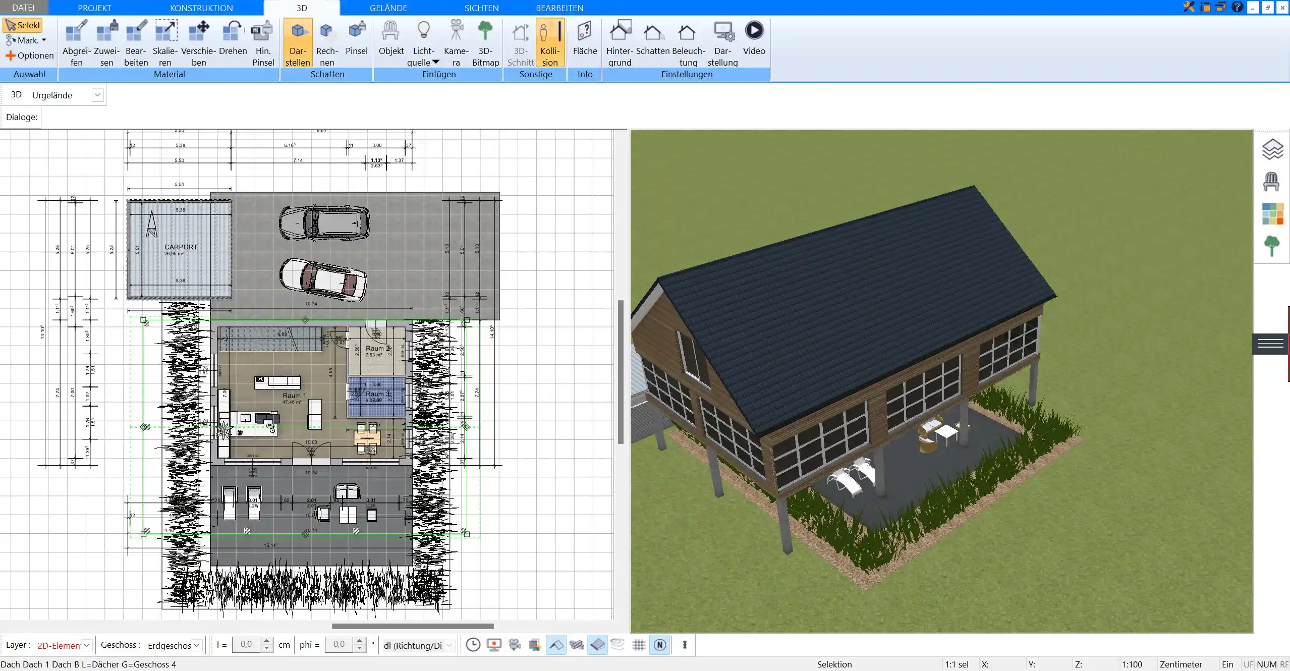 3D-Visualisierung einer modernen Wohnküche in einem Bauernhaus, erstellt mit Plan7Architekt