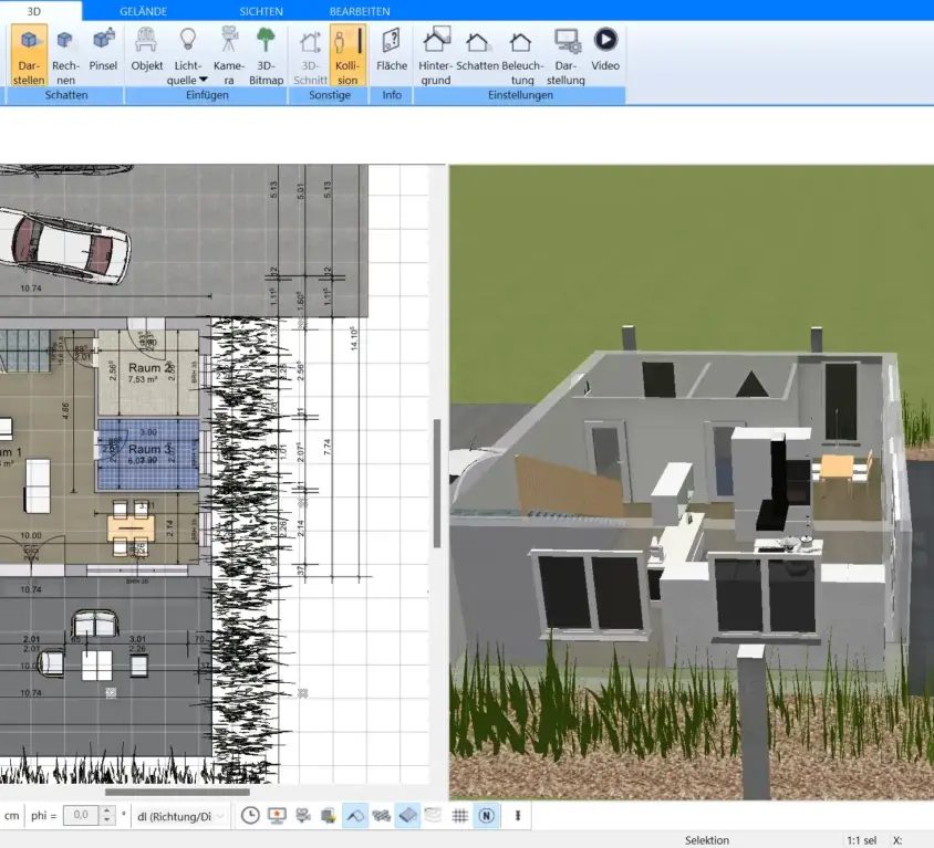 Grundriss eines modernen Winkelbungalows mit der Plan7Architekt-Software erstellt