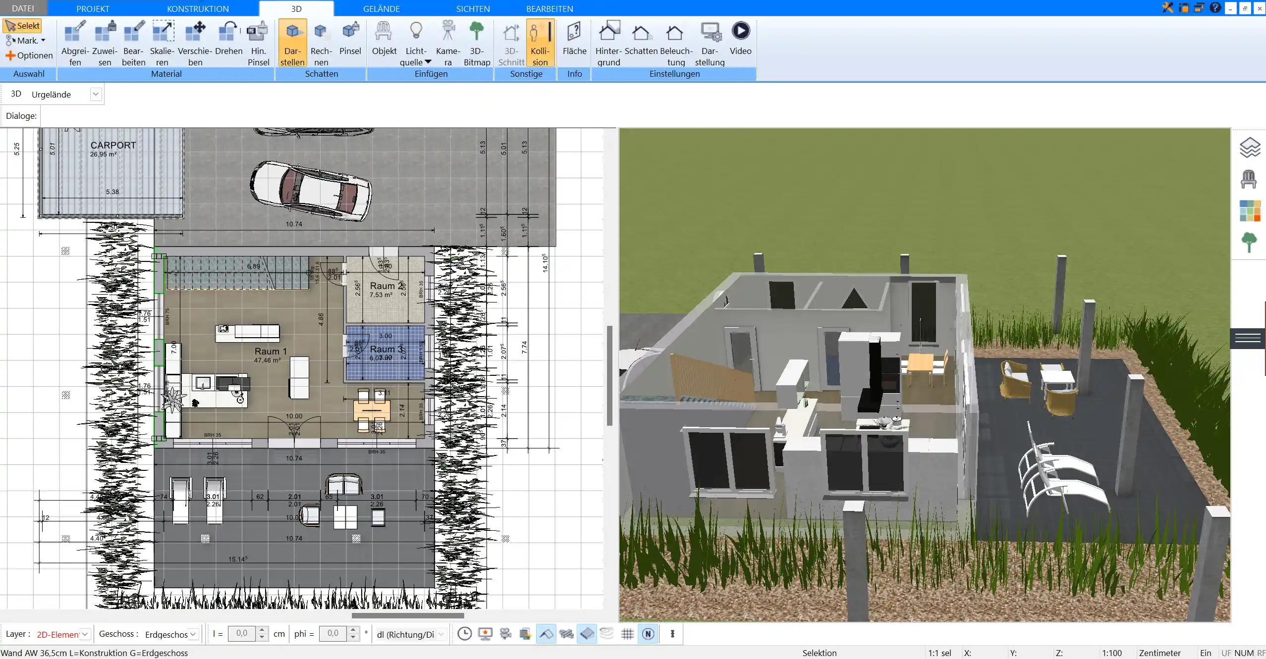 Grundriss eines modernen Winkelbungalows mit der Plan7Architekt-Software erstellt