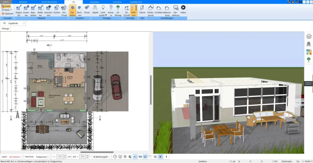 Loft-Grundriss in der Plan7Architekt-Software Offene Raumaufteilung und Tageslichtplanung