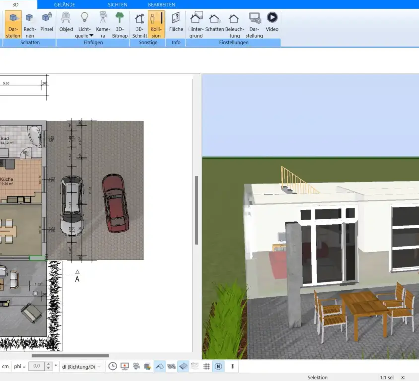 Loft-Grundriss in der Plan7Architekt-Software Offene Raumaufteilung und Tageslichtplanung