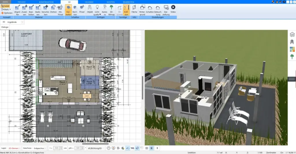 Virtuelle 3D-Darstellung eines offenen Wohnbereichs – erstellt mit Plan7Architekt.