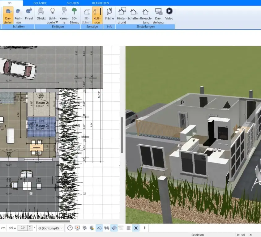 Virtuelle 3D-Darstellung eines offenen Wohnbereichs – erstellt mit Plan7Architekt.