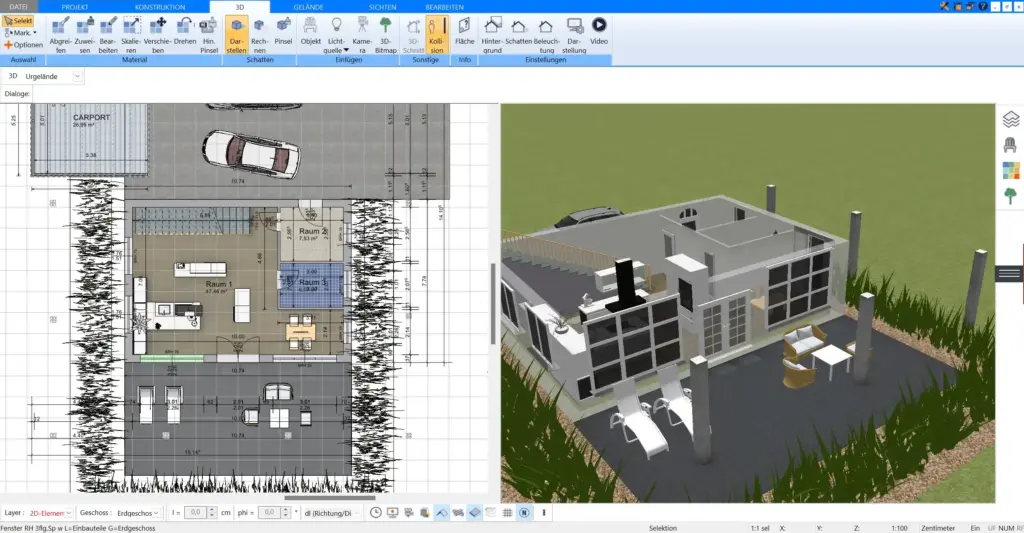 Visualisierung eines großzügigen Wohnbereichs – erstellt mit Plan7Architekt