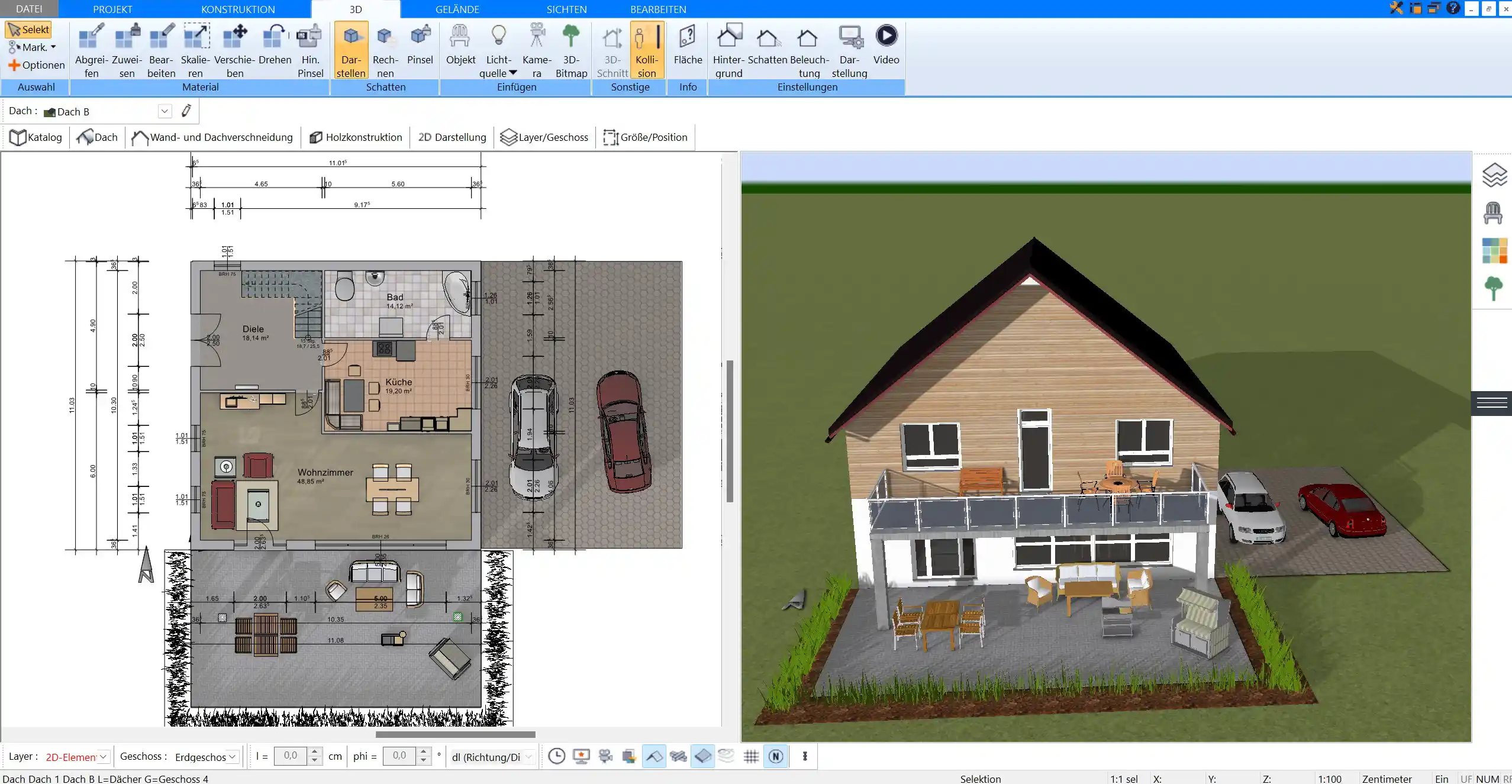 3D-Ansicht des geplanten Hauses auf dem passenden Grundstück in Plan7Architekt Pro