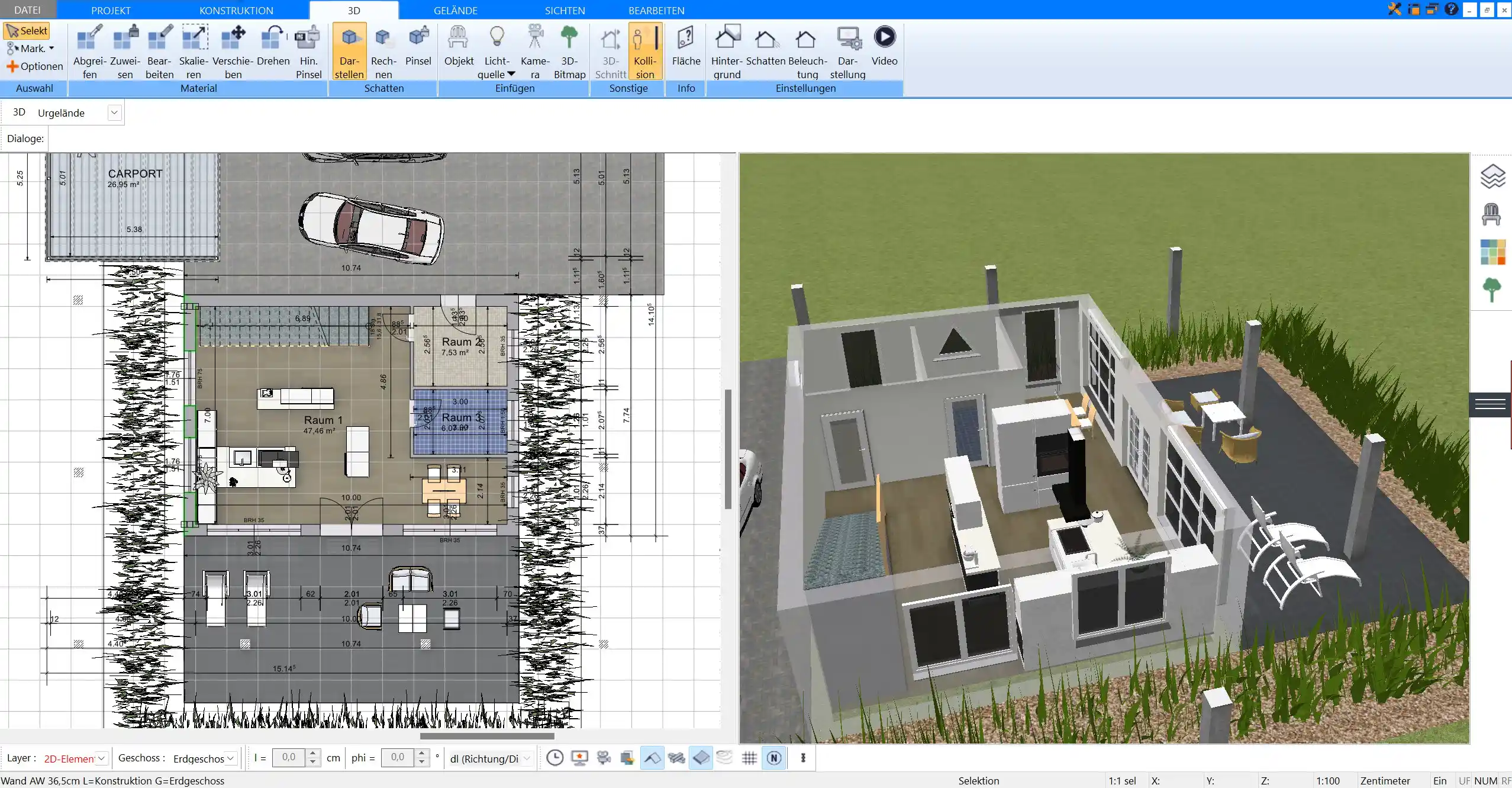 3D-Projektansicht in Plan7Architekt Pro mit Haus, Garage und Grundstücksumgebung