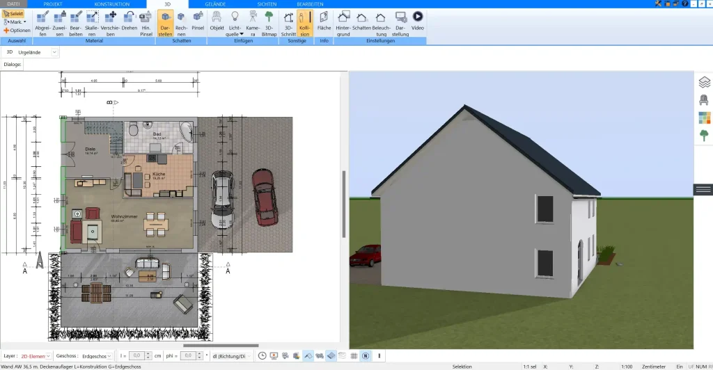 Grundstück und Hausposition in Plan7Architekt Pro als 2D-Projektansicht planen
