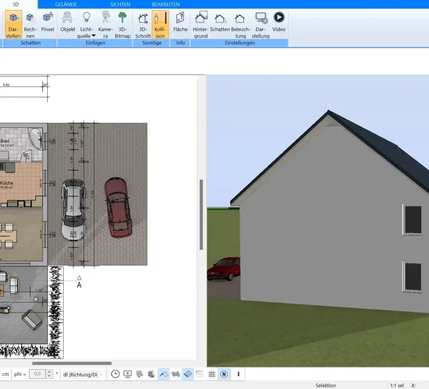 Grundstück und Hausposition in Plan7Architekt Pro als 2D-Projektansicht planen