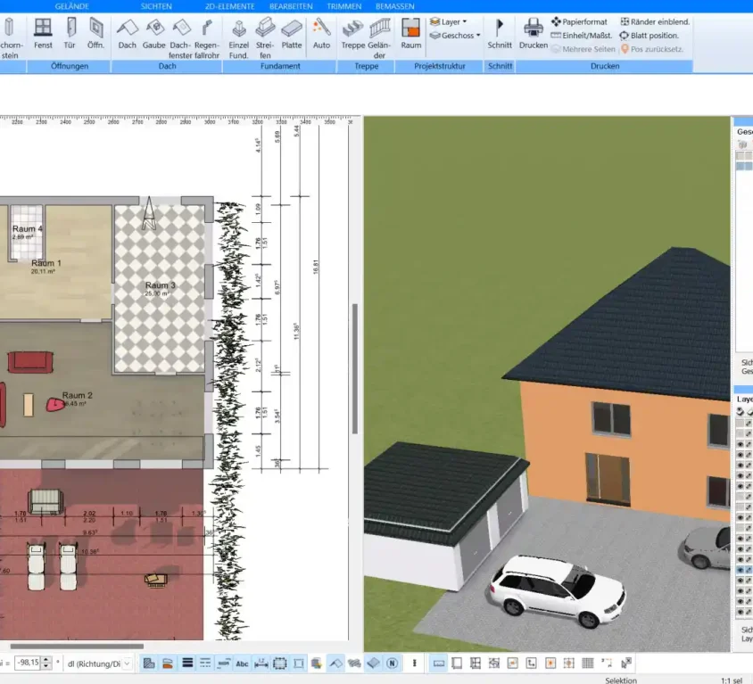 Grundstücksmaße und Hausposition in Plan7Architekt Pro prüfen