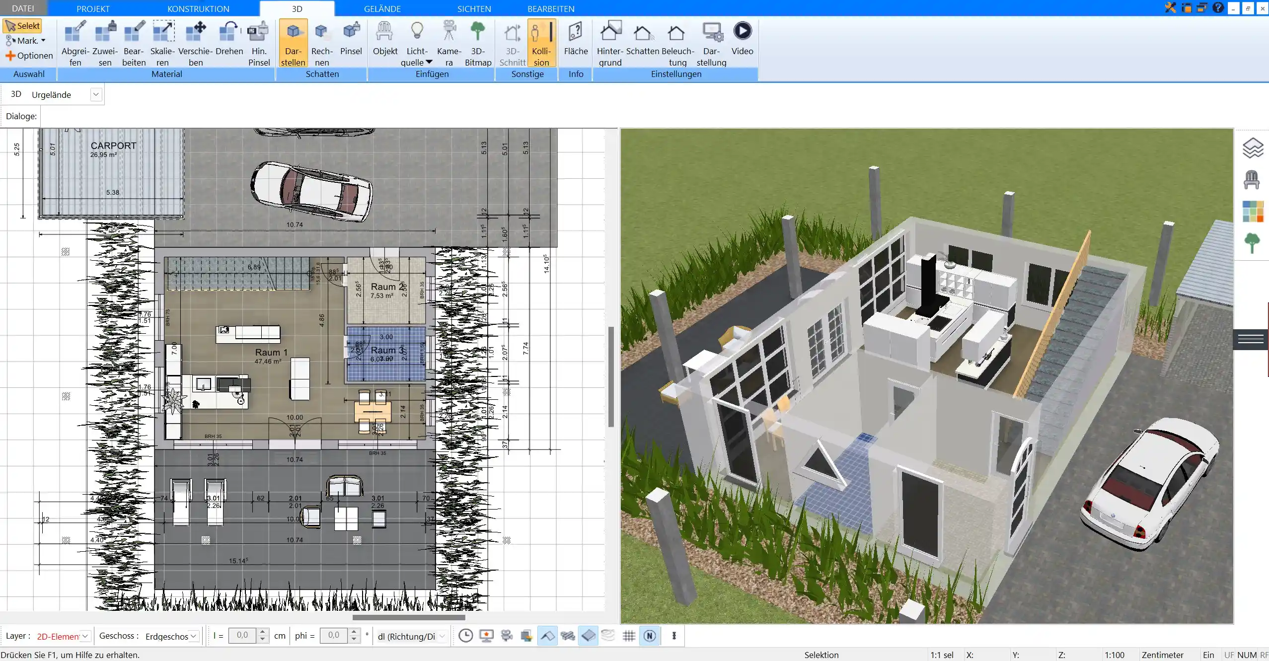 Screenshot aus Plan7Architekt Pro 3D-Ansicht des geplanten Hauses mit Grundstücksfläche