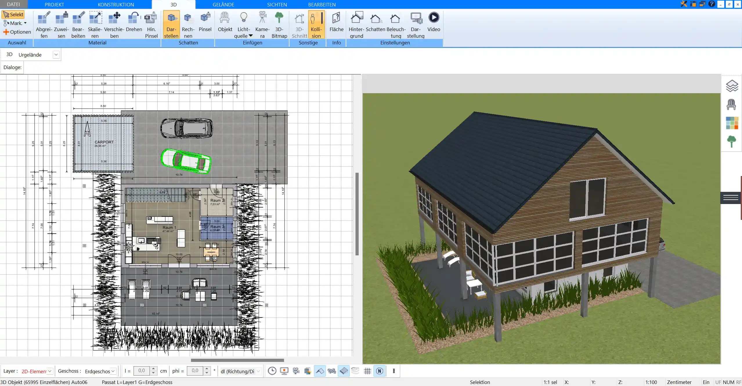 Screenshot aus Plan7Architekt Pro Grundstück und Hausprojekt in der 2D-Planung