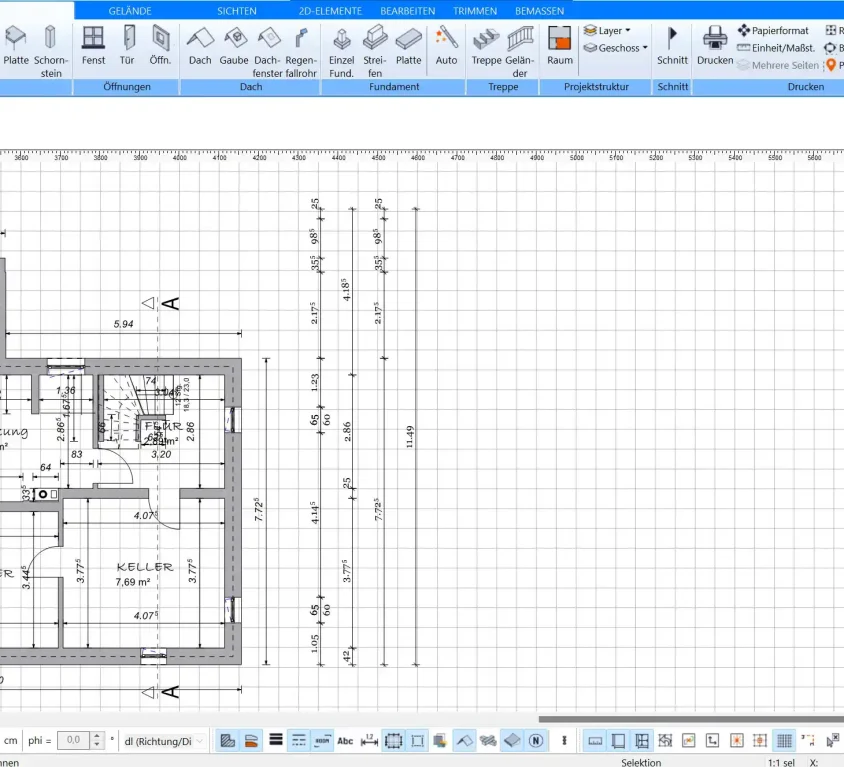 Bemaßter Grundriss mit Raumflächen, gezeichnet in Plan7Architekt