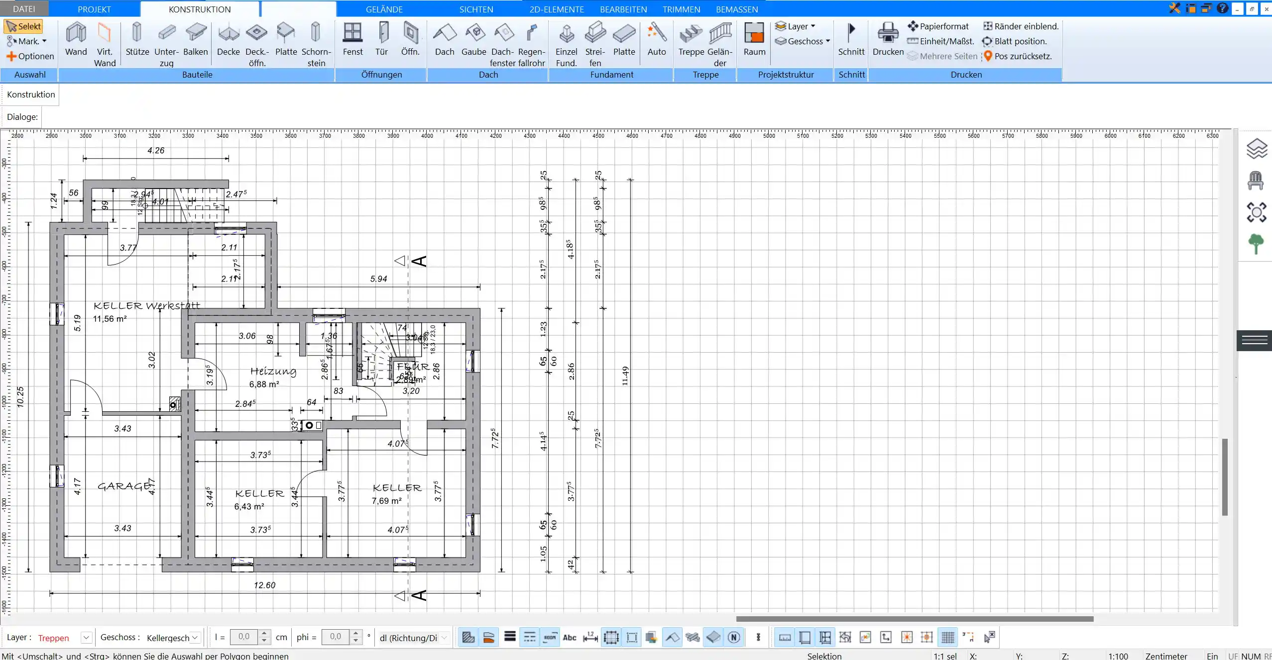 Bemaßter Grundriss mit Raumflächen, gezeichnet in Plan7Architekt