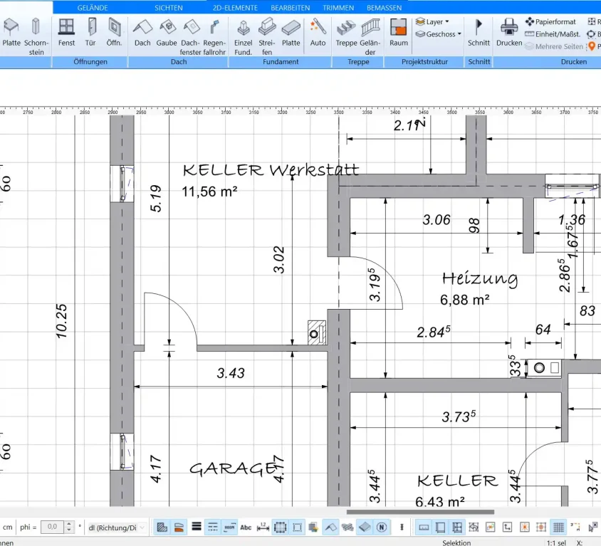 Bemaßter Kellergrundriss mit Türöffnungen, gezeichnet in Plan7Architekt