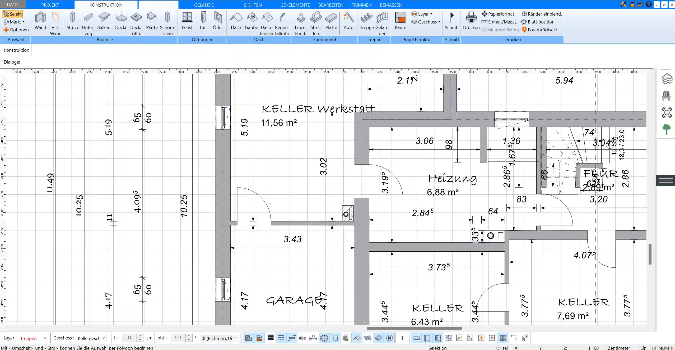 Bemaßter Kellergrundriss mit Türöffnungen, gezeichnet in Plan7Architekt