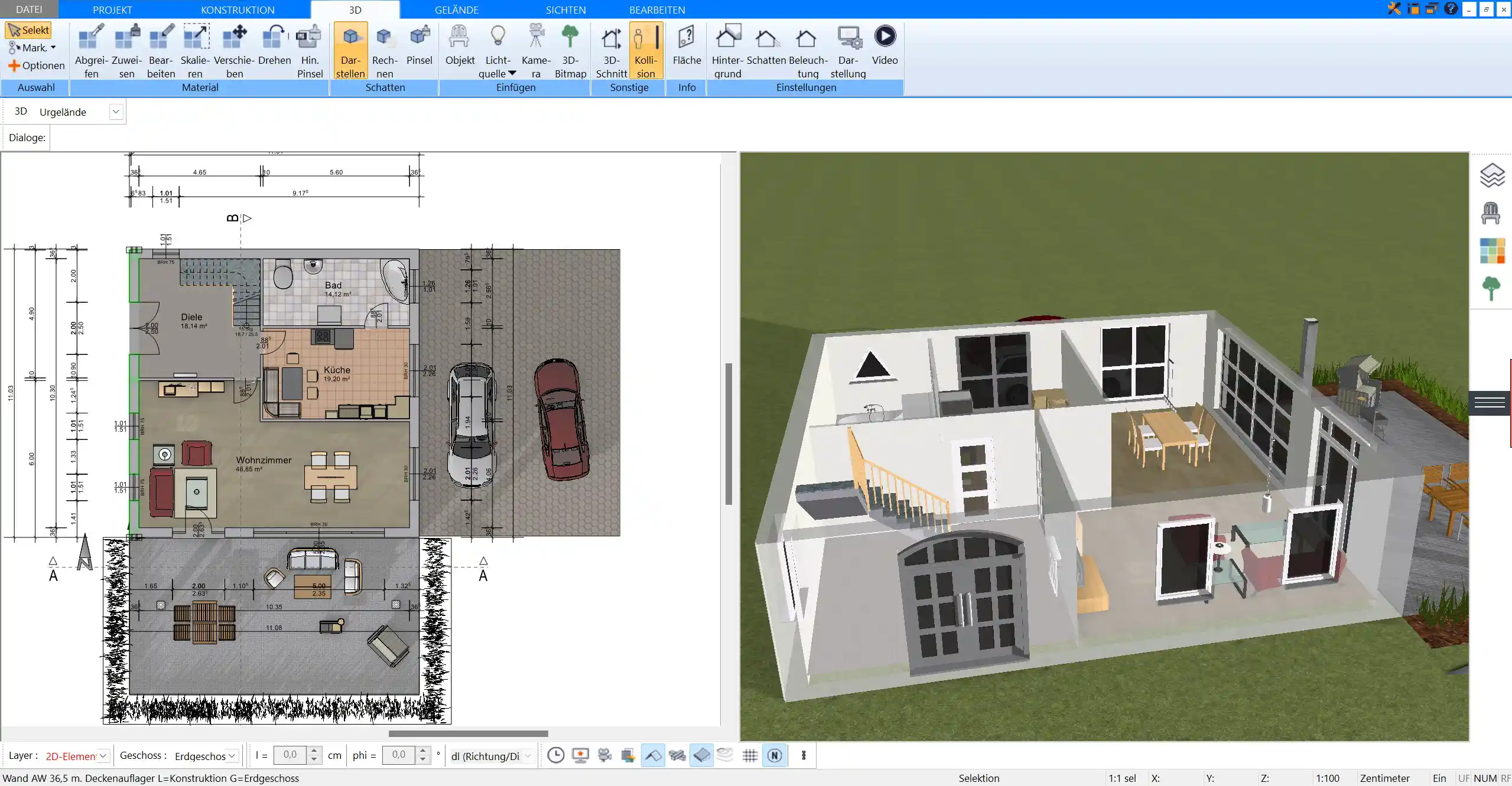 Erdgeschoss mit Innentüren und Haustür in 3D, geplant mit Plan7Architekt