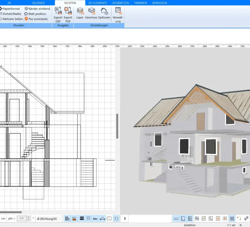Gebäudeschnitt mit Geschosshöhen und 3D-Ansicht, erstellt mit Plan7Architekt