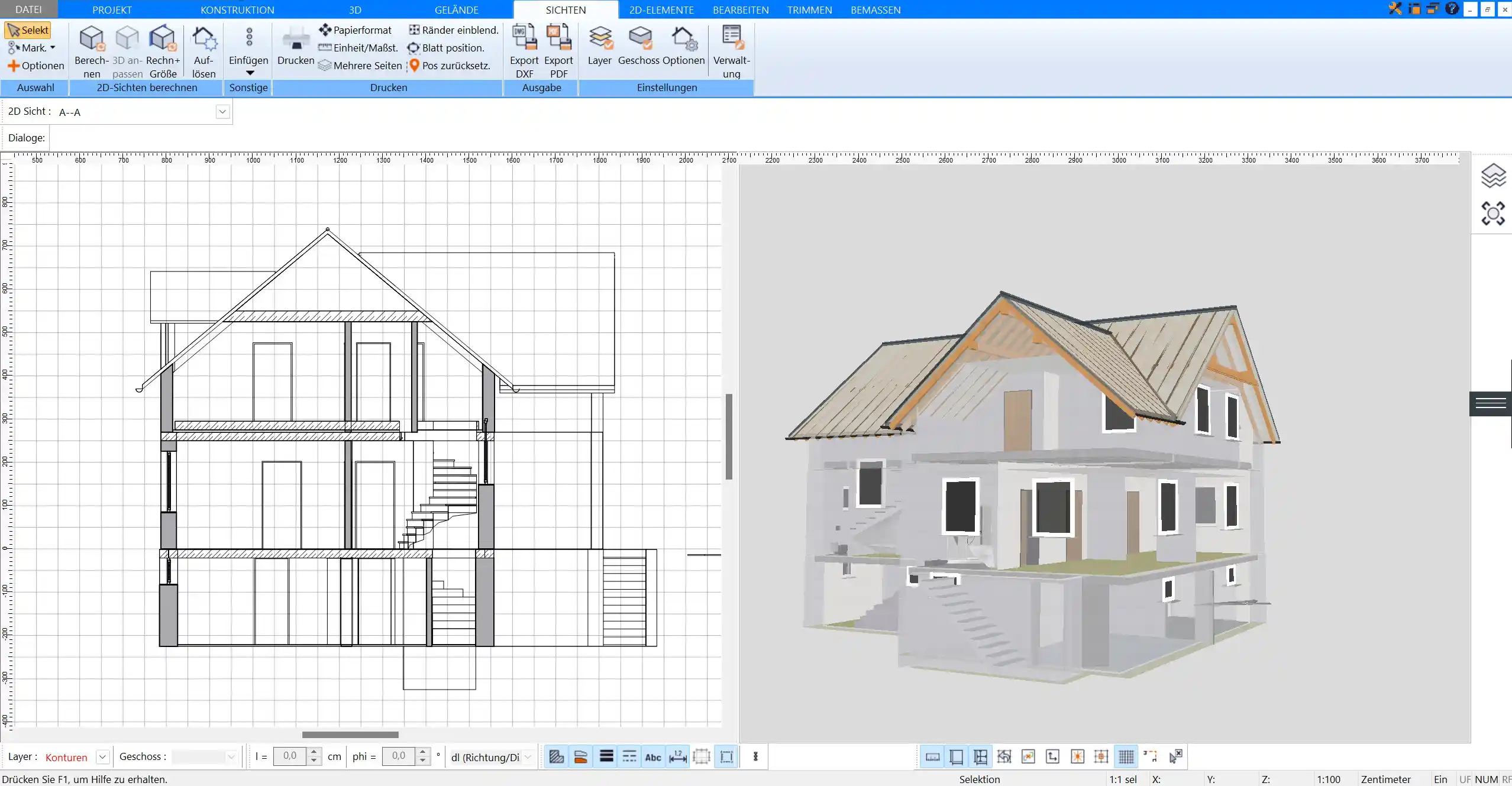 Gebäudeschnitt mit Geschosshöhen und 3D-Ansicht, erstellt mit Plan7Architekt