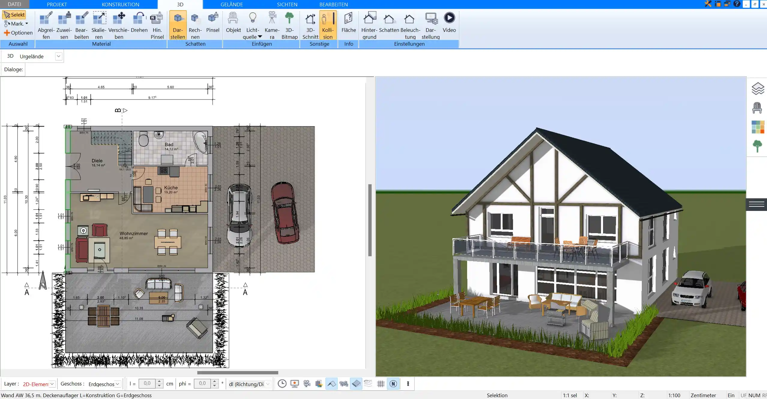 Grundriss und 3D-Ansicht eines Einfamilienhauses, erstellt mit Plan7Architekt