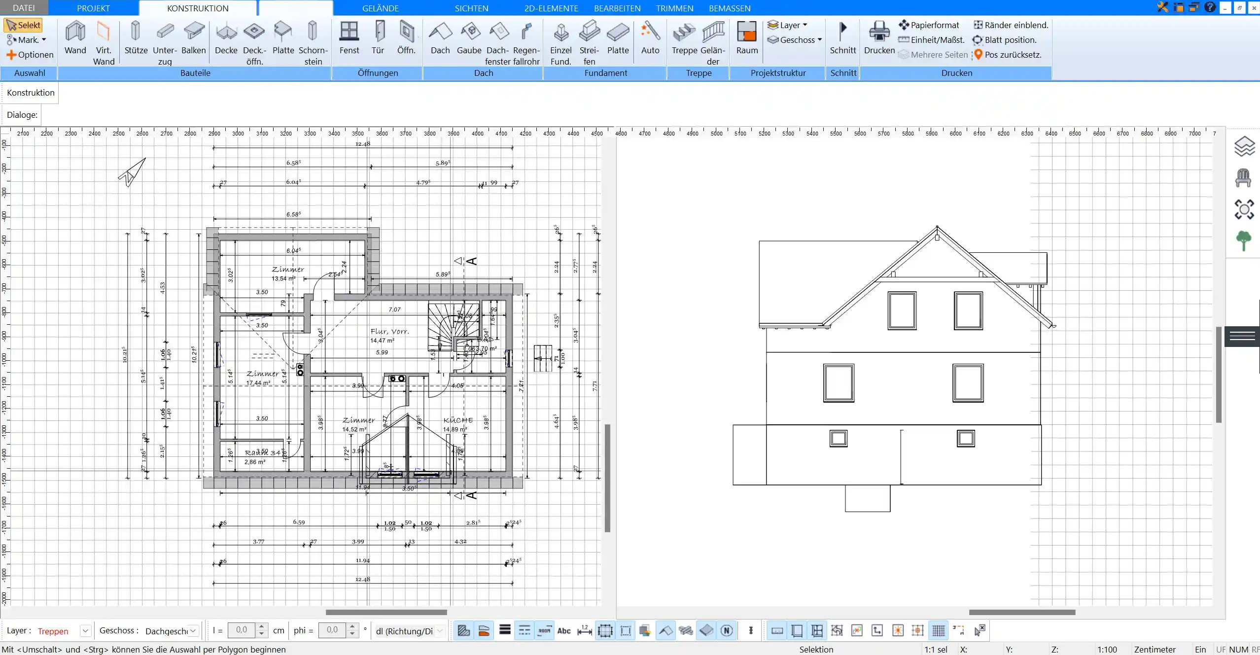 Grundriss und Ansicht mit Fensterpositionen, erstellt in Plan7Architekt