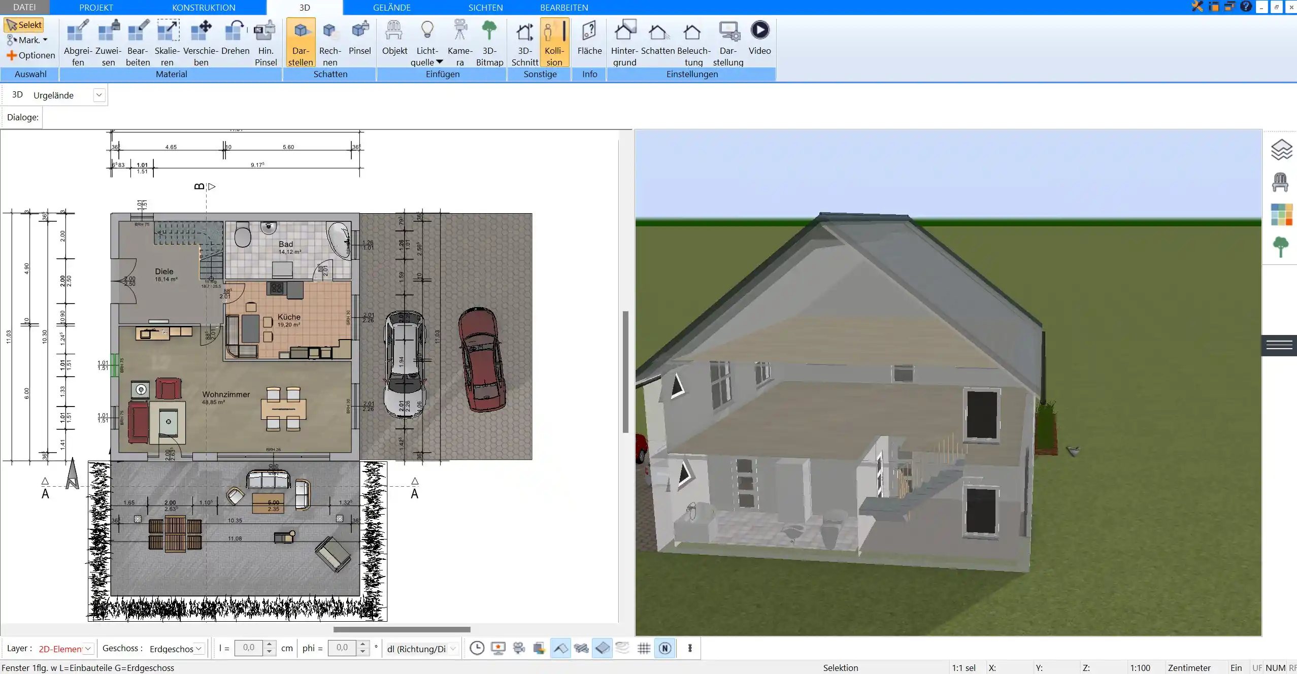 Haus mit transparent dargestellten Geschossen in der 3D-Ansicht von Plan7Architekt