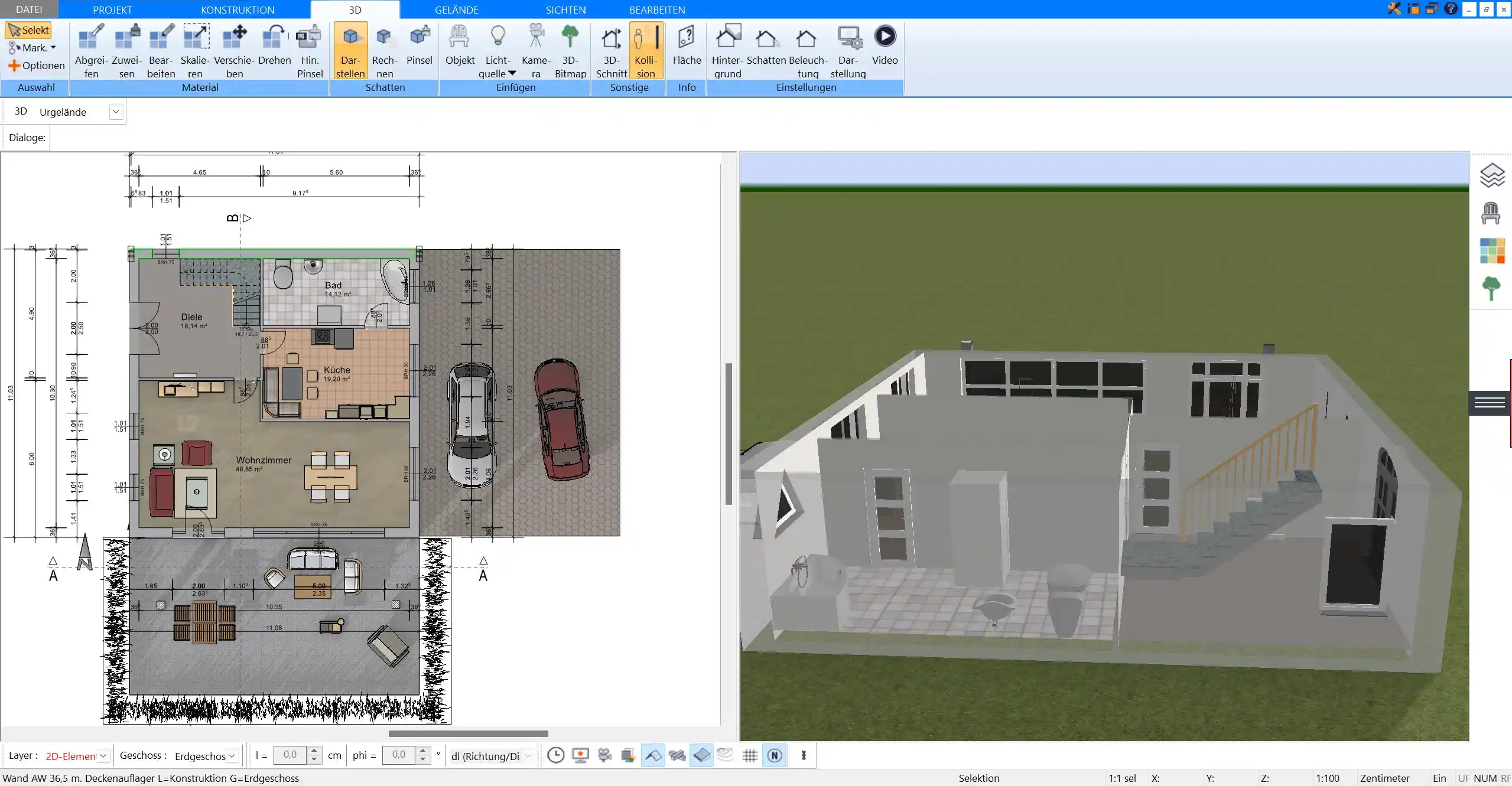 Innenwände und Türöffnungen in der 3D-Ansicht von Plan7Architekt