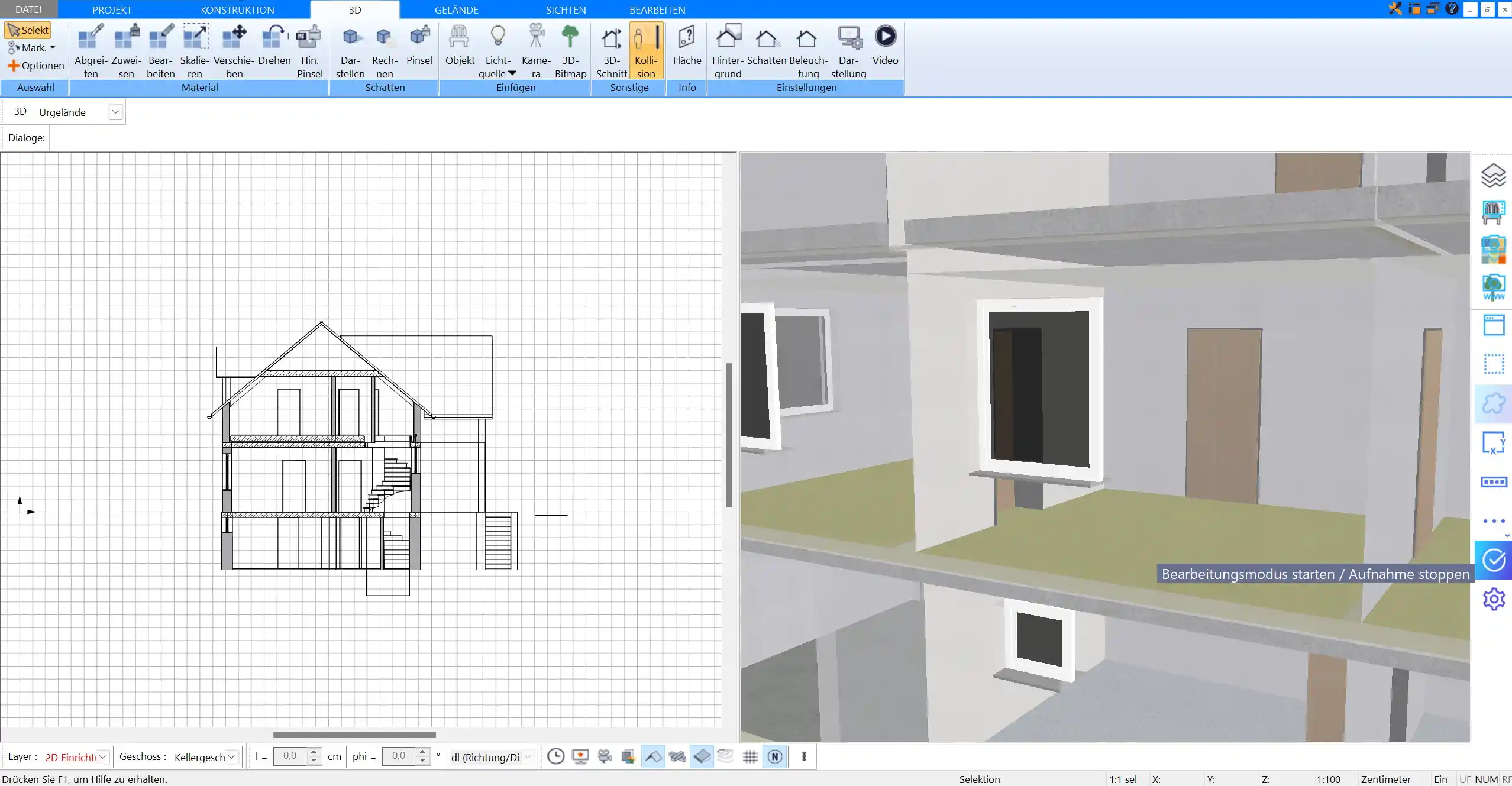 Schnittzeichnung und Raumhöhe im Detail, geplant mit Plan7Architekt