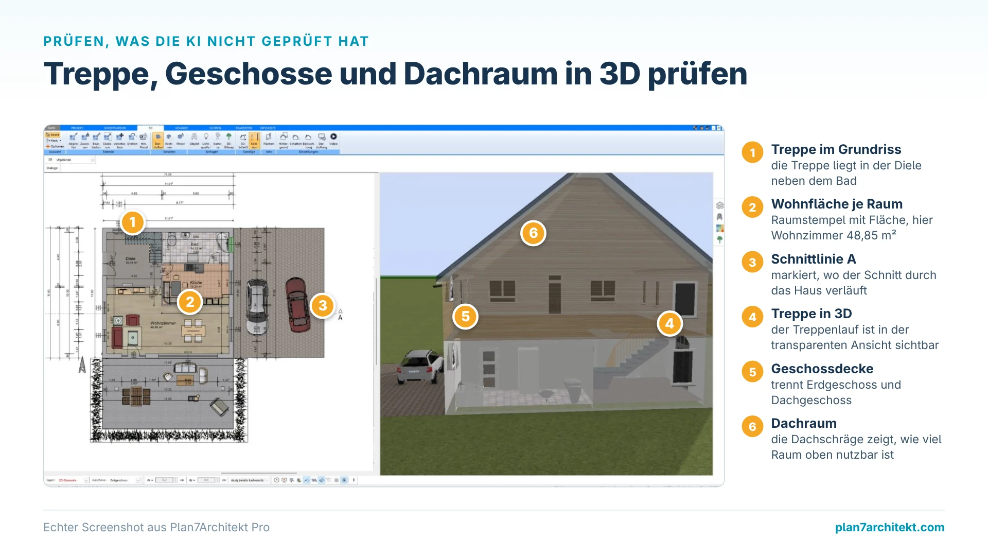 Screenshot: Grundriss mit Treppe, Raumfläche und Schnittlinie neben transparenter 3D-Ansicht mit Dachraum